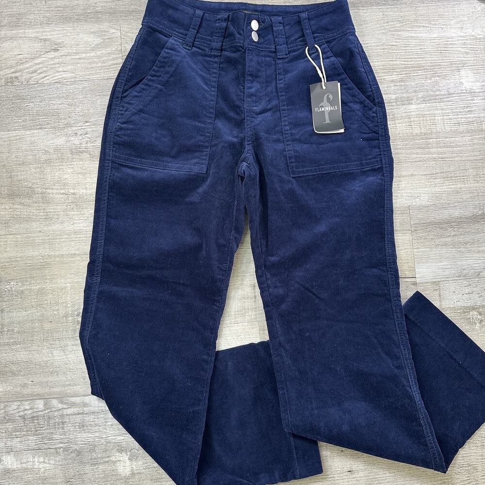 FLAMINGALS Navy Blue Corduroy Pants Women's High Rise Straight Leg Size M